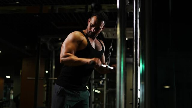 professional athlete bodybuilder working out in the indoor gym. weight lifting and bodybuilding, muscle strengthening workout. man doing triceps exercise for fitness.