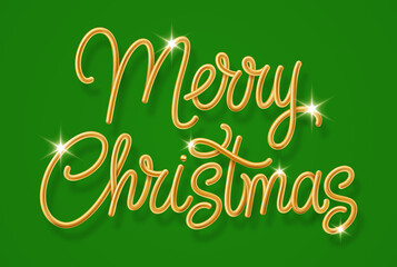 Golden Text Merry Christmas on Green Background with Golden Shiny Glitter. Creative Typography for Christmas and New Year Season. Perfect for Greeting Card, Holiday Greeting Gift Poster