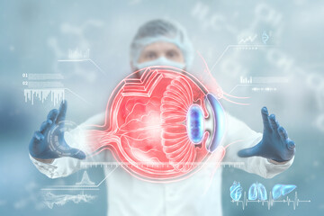 Realistic human eye hologram, doctor checks eyesight. Vision concept, laser eye surgery, catheract,...
