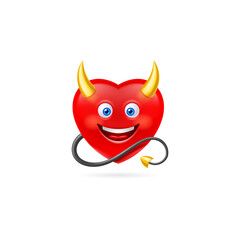 Red Heart Character with Golden Horns and Devil Tail. Cute Cartoon Style Illustration. Romantic Love Lovesickness Symbol. St Valentine Greeting Card Decor, or Marriage Anniversary