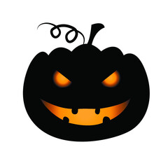 Black Halloween pumpkin with orange fire eyes and mouth. Smiling. Digital vector illustration for Halloween party, sticker, banner, poster, face mask.