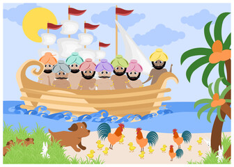Cartoon mercantile group reach to island from the ship. Dogs, rabbits, hens, chicks feeding on the beach. 