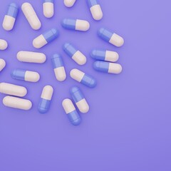 Close up medicine blue and white pills on blue background. Healthcare Pharmacy products. 3D - Illustration