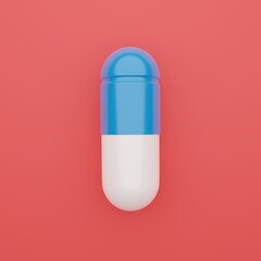 Single blue and white pill capsule over red background. 3D - Illustration