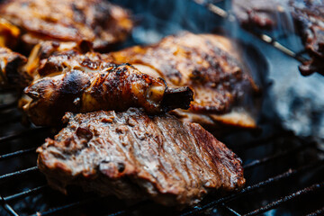 Close up fresh meat kebabs on skewers