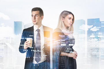 Two businesspeople working together. Trader in suit holding a cup of coffee, attractive colleague is standing nearby him. Concept of lunch time and break. Singapore on background. Double exposure