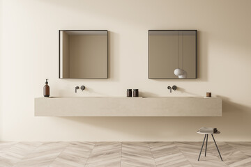 Beige bathroom vanity with square mirrors and stool