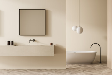 Obraz na płótnie Canvas Beige bathroom with bathtub on the background