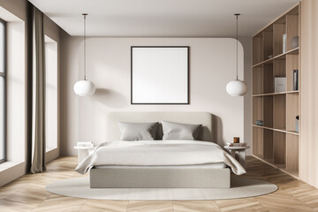 Beige bedroom interior with bed and linens and art decoration, mockup poster