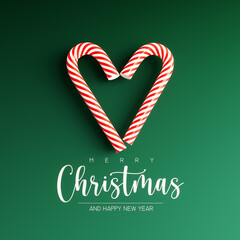 Two lollipops in shape of heart with Merry Christmas text on green background 3D Rendering, 3D...