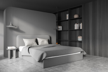 Grey bedroom interior with bed and linens, bookshelf rack, mockup
