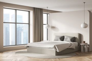 Light bedroom interior with bed and linens near window, mockup