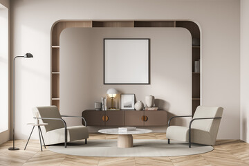 Beige living room interior with armchairs on parquet floor, mockup poster