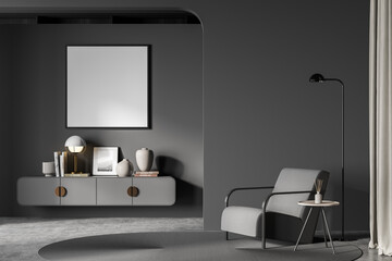Dark living room interior, armchair with lamp on concrete floor, mockup poster