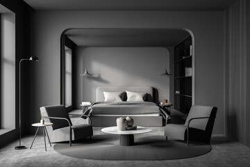 Dark bedroom interior with armchairs and bed on concrete floor, mockup