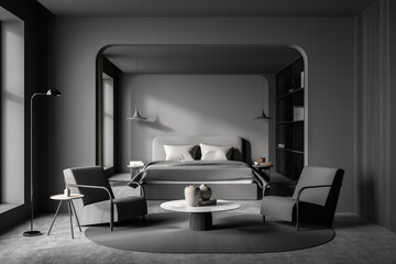 Fototapeta premium Dark bedroom interior with armchairs and bed on concrete floor, mockup