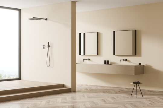 Beige panoramic shower room with stool and square mirrors