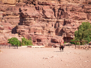 Local bedouin man riding a donkey and a massive red rock stone wall in the ancient city of Petra, Jordan.