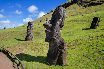 Moai stone sculptures at Rano Raraku, Easter island, Chile.