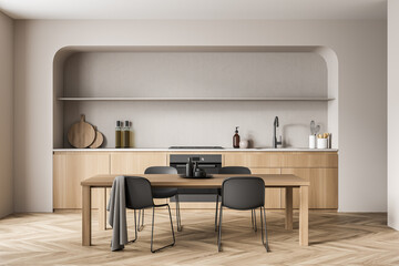 Naklejka na ściany i meble Beige dining and kitchen room with rounded niche