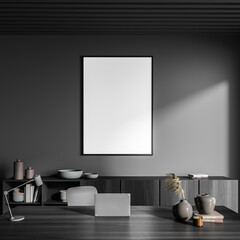 Grey manager room interior with chair and table, mockup poster