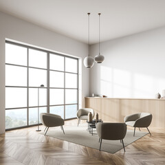 Light living room interior with armchairs and coffee table, window and mockup