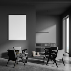 Grey office room interior with four chairs and coffee table, mockup poster