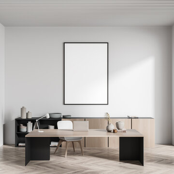 Light manager room interior with chair and table, mockup poster