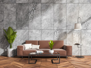 Brown sofa in grey living room interior with coffee table, mockup