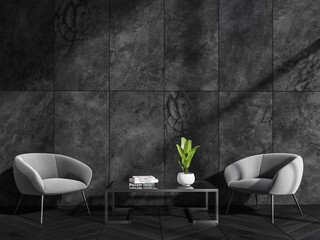 Two armchairs in dark living room interior with coffee table, mockup