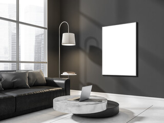 Dark living room interior with sofa and coffee table, mockup poster