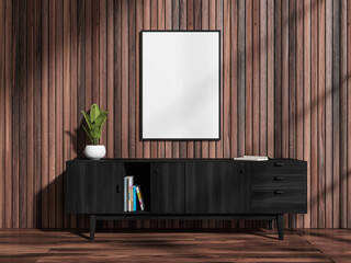 Wooden living room interior with drawer and books, poster mock up