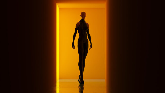 Very Tall Asian Woman with White Red Eyes in Silhouette Shadow Orange Corridor with a Polished Floor futuristic Sci Fi Alien 3d illustration render