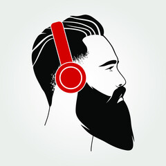 Bearded men in wireless headphones. Hipster face icon isolated. Vector illustration	