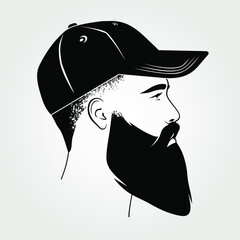 Bearded men in a baseball cap. Hipster face icon isolated. Vector illustration	