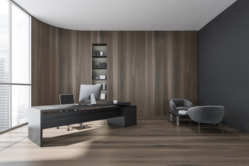 Wooden consulting room interior with table near window and armchairs. Copy space