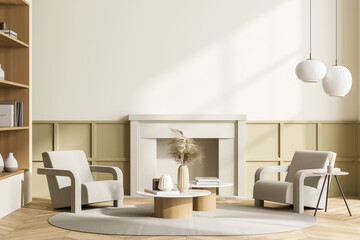 Fototapeta na wymiar White living room interior with armchairs and fireplace, mockup