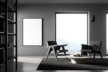 Empty mockup canvas in grey living room with two armchairs