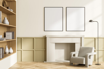 Light living room interior with armchair, bookshelf and mock up posters