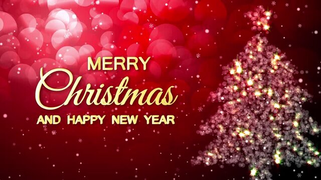 3d Happy New year and christmas concept Loop animation,tree with colorful lights decorations Gift boxes, snowfall and glittering stars, bokeh Red background. without text version included. 2022 2023