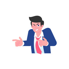 Playful businessman winks and points fingers. Successful business, positive mood concept. Male emoji character with different emotion and gesturing. Vector illustration isolated on white background