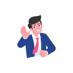 Happy businessman waving hand and greeting friendly. Positive communication concept. Male emoji character with different emotion and gesturing. Vector illustration isolated on white background