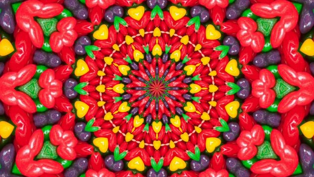 A kaleidoscopic futuristic wallpaper in vibrant green, yellow and red colors
