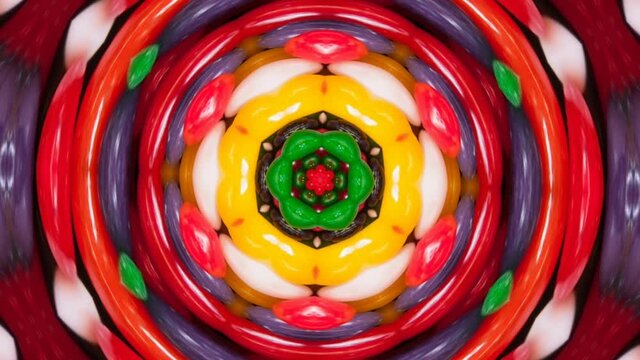 A kaleidoscopic futuristic wallpaper in vibrant green, yellow and red colors