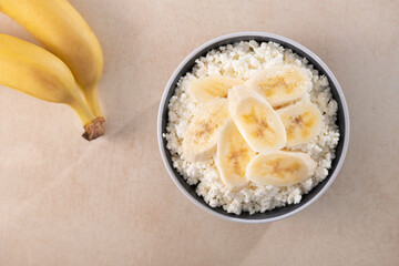 Healthy breakfast with banana fruit and cottage cheese