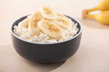Healthy breakfast with banana fruit and cottage cheese