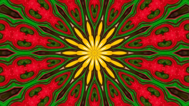 A kaleidoscopic futuristic wallpaper in vibrant green, yellow and red colors