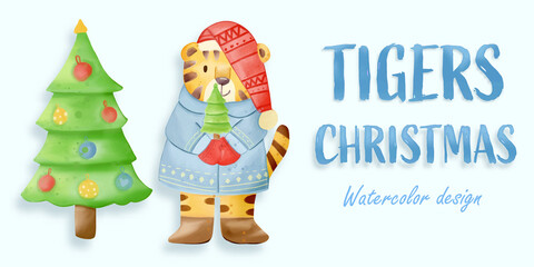 Fototapeta na wymiar Christmas Tiger watercolor illustration, with a paper background. For design, prints, fabric, or background. Christmas element vector.