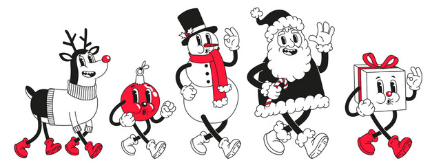 Christmas cartoon characters. Set of vector comic illustrations with snowman, Santa Claus in trendy retro cartoon style. - obrazy, fototapety, plakaty