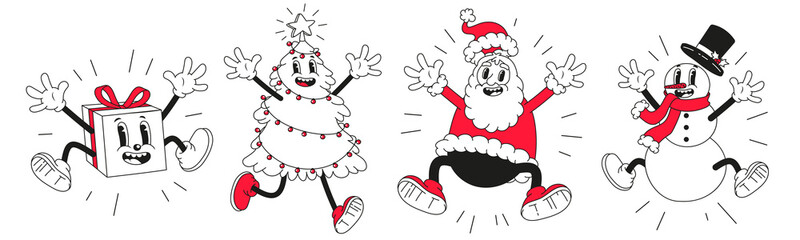 Christmas cartoon characters. Set of vector comic illustrations with snowman, Santa Claus in trendy retro cartoon style. © Martyshova
